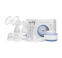 Electric breast pump set with accessories and storage containers.
